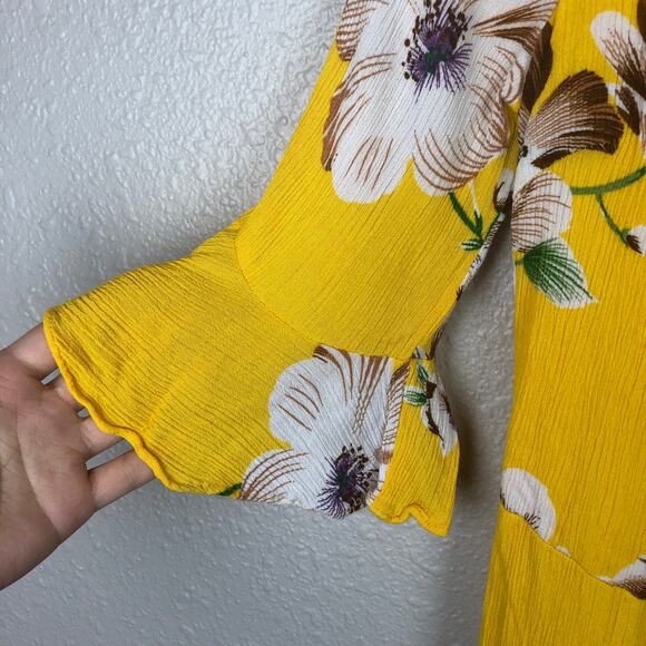 Lulus Cover Up Rayon Mustard Yellow Floral Print Kimono Top Flounce Sleeve - Picture 4 of 10